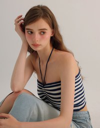 Striped Halter Neck Cropped Knit Top with Floral Bead Accent