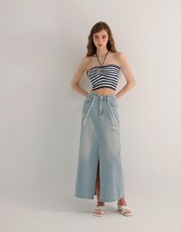 Striped Halter Neck Cropped Knit Top with Floral Bead Accent