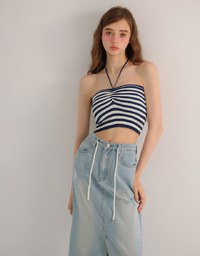 Striped Halter Neck Cropped Knit Top with Floral Bead Accent