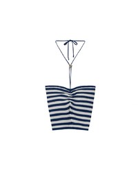 Striped Halter Neck Cropped Knit Top with Floral Bead Accent