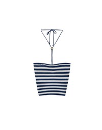Striped Halter Neck Cropped Knit Top with Floral Bead Accent