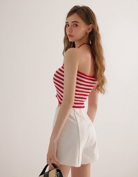 Striped Halter Neck Cropped Knit Top with Floral Bead Accent