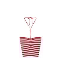 Striped Halter Neck Cropped Knit Top with Floral Bead Accent