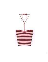 Striped Halter Neck Cropped Knit Top with Floral Bead Accent