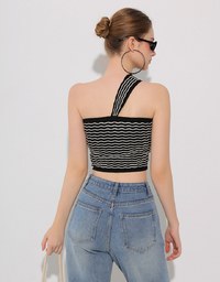 One Shoulder Asymmetrical Wavy Knit Padded Crop Top with Twist Front Detail