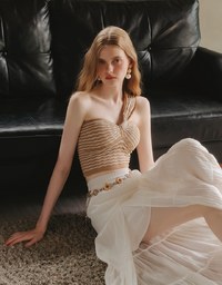 One Shoulder Asymmetrical Wavy Knit Padded Crop Top with Twist Front Detail