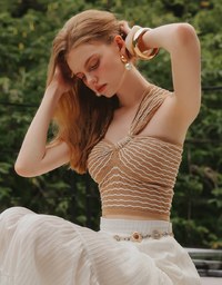 One Shoulder Asymmetrical Wavy Knit Padded Crop Top with Twist Front Detail