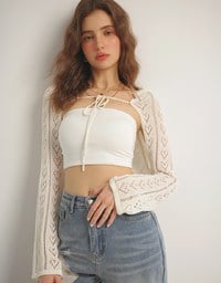 Open Knit Crop Cardigan with Heart Cut Outs Design