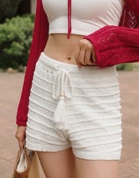 【GUT GUT Design】 Open Knit Drawstring Cover Up Shorts with Fringe Tassel Detail