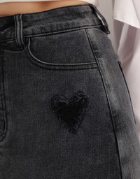 Heart Distressed Jeans Denim Mini Skirt with Raw Edge