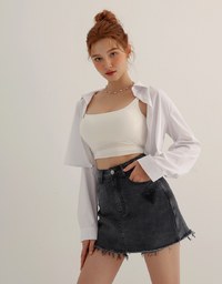 Heart Distressed Jeans Denim Mini Skirt with Raw Edge