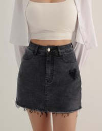 Heart Distressed Jeans Denim Mini Skirt with Raw Edge