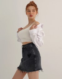 Heart Distressed Jeans Denim Mini Skirt with Raw Edge