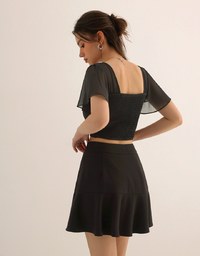 Sheer Chiffon Cross V Neck Flare Sleeve Padded Top