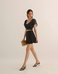 Sheer Chiffon Cross V Neck Flare Sleeve Padded Top