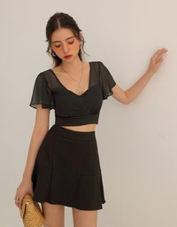 Sheer Chiffon Cross V Neck Flare Sleeve Padded Top