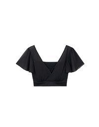 Sheer Chiffon Cross V Neck Flare Sleeve Padded Top