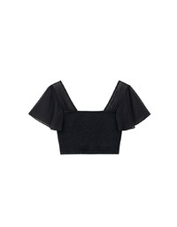 Sheer Chiffon Cross V Neck Flare Sleeve Padded Top