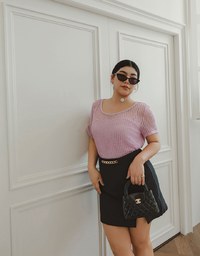Faux 2 Piece Layered Mesh Short Sleeve Top with Soft Knit Texture