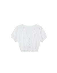 Textured Puff Sleeve V Neck Cropped Top with Ruched Hem