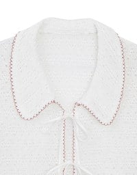 Contrast Trim Crochet Tie Front Collared Top