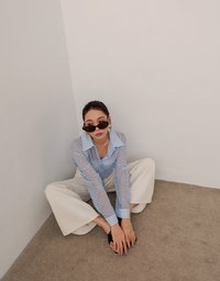Sheer Gingham Bubble Long Sleeve Blouse with Drawstring Hem