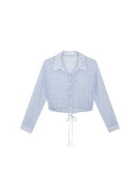 Sheer Gingham Bubble Long Sleeve Blouse with Drawstring Hem