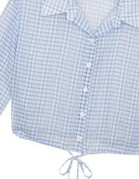 Sheer Gingham Bubble Long Sleeve Blouse with Drawstring Hem