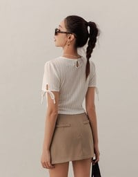Sheer Stripe Texture Ribbed Top with Drawstring Cuff Sleeves Detail
