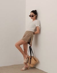 Sheer Stripe Texture Ribbed Top with Drawstring Cuff Sleeves Detail
