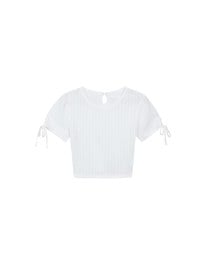 Sheer Stripe Texture Ribbed Top with Drawstring Cuff Sleeves Detail