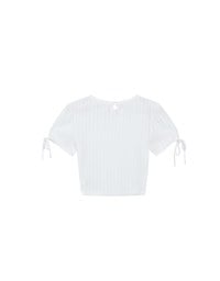 Sheer Stripe Texture Ribbed Top with Drawstring Cuff Sleeves Detail
