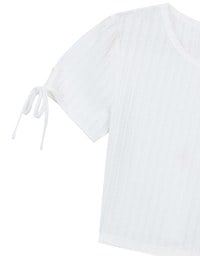 Sheer Stripe Texture Ribbed Top with Drawstring Cuff Sleeves Detail