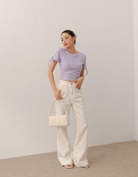 Sheer Stripe Texture Ribbed Top with Drawstring Cuff Sleeves Detail
