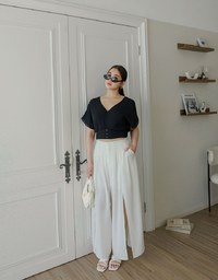 V Neck Ruched Waist Wrap Back Short Sleeve Top