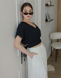 V Neck Ruched Waist Wrap Back Short Sleeve Top