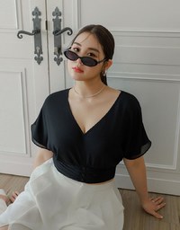 V Neck Ruched Waist Wrap Back Short Sleeve Top