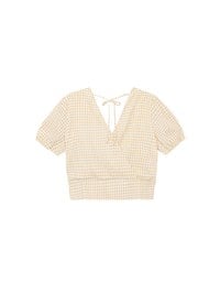 V Neck Gingham Crop Blouse with Puff Sleeves and Smocked Waistband