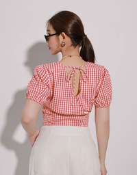 V Neck Gingham Crop Blouse with Puff Sleeves and Smocked Waistband