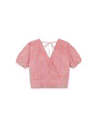 V Neck Gingham Crop Blouse with Puff Sleeves and Smocked Waistband