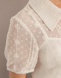 Dot Pattern Floral Lace Embroidered Puff Sleeve Cropped Shirt with Drawstring Hem