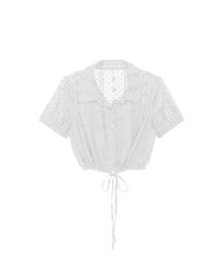 Dot Pattern Floral Lace Embroidered Puff Sleeve Cropped Shirt with Drawstring Hem