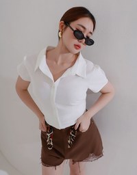 Ruched Waistband Puff Sleeve Shirt