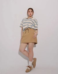 Oversized Polo Knit Top with Retro Stripes– Cream