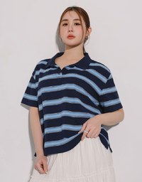 Oversized Polo Knit Top with Retro Stripes– Navy