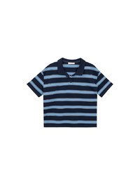 Oversized Polo Knit Top with Retro Stripes– Navy