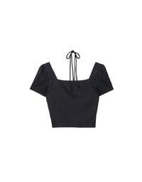 Textured Ruched Front Puff Sleeve Crop Top with Beaded Tie Straps