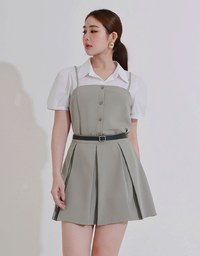 Faux 2 Piece Puff Sleeve Shirt with Buttoned Camisole Overlay