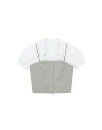 Faux 2 Piece Puff Sleeve Shirt with Buttoned Camisole Overlay