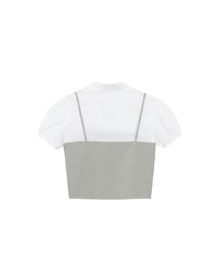 Faux 2 Piece Puff Sleeve Shirt with Buttoned Camisole Overlay